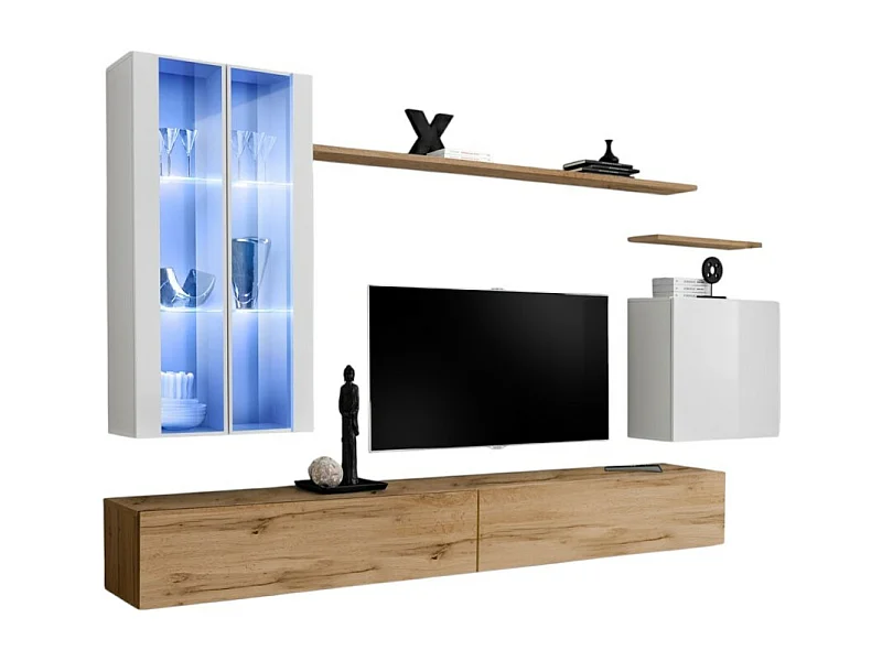 Ensemble meuble salon mural SWITCH XII design, coloris chêne Wotan et blanc brillant.