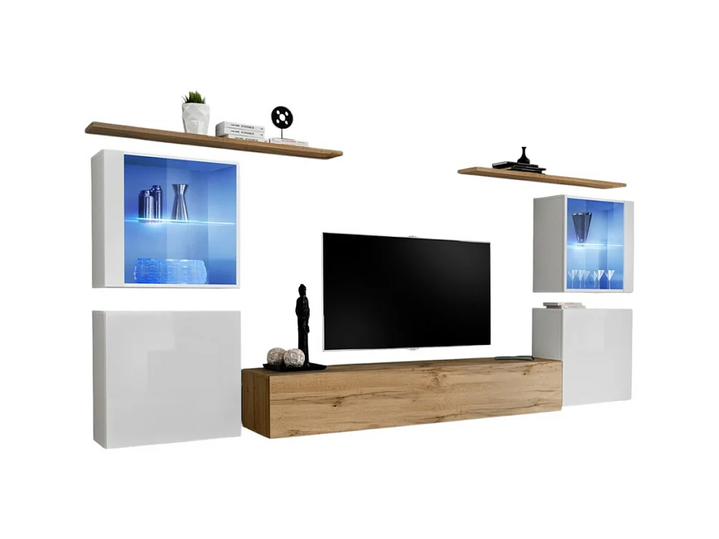 Conjunto de muebles de pared para salón SWITCH XIV diseño, color roble Wotan y blanco brillante.