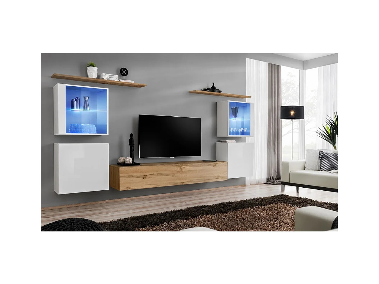 Conjunto de muebles de pared para salón SWITCH XIV diseño, color roble Wotan y blanco brillante.