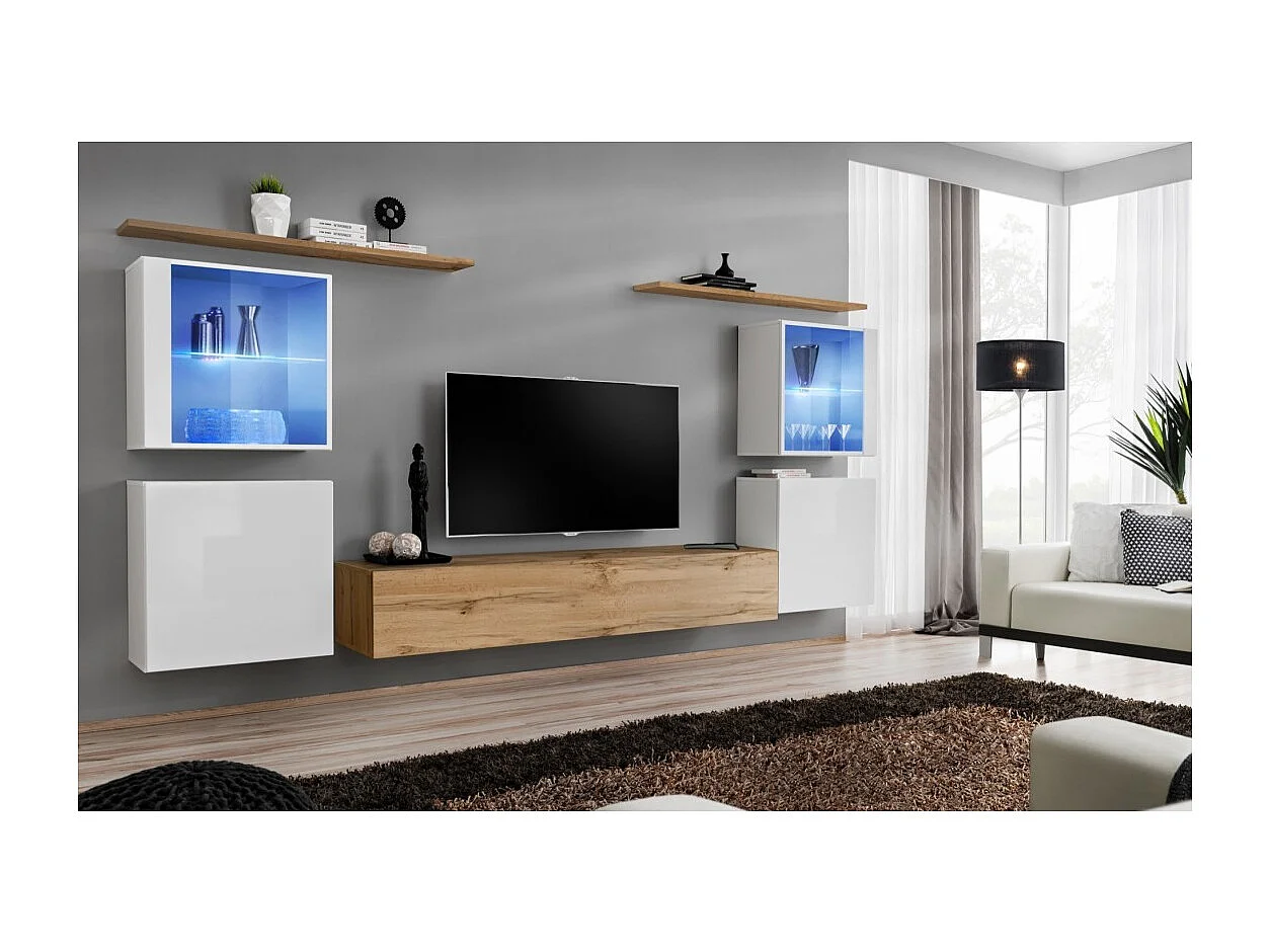 Conjunto de muebles de pared para salón SWITCH XIV diseño, color roble Wotan y blanco brillante.