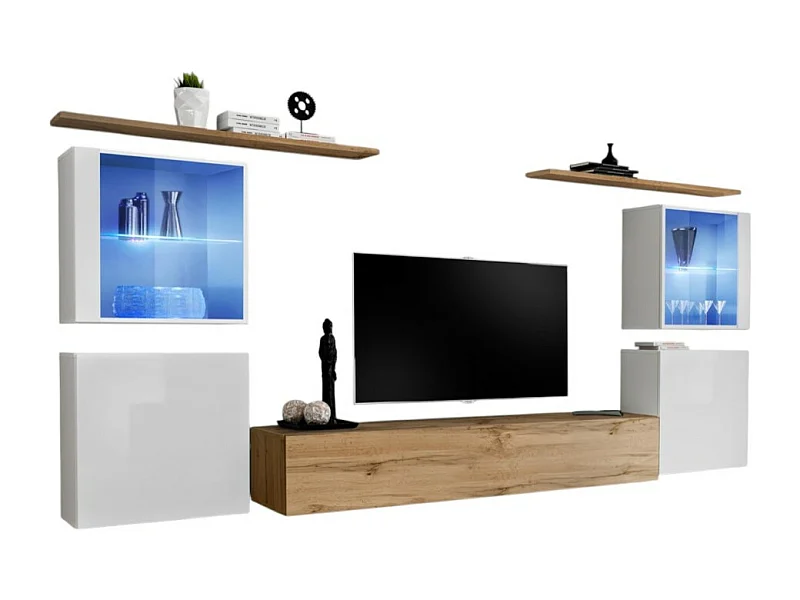 Conjunto de móveis para sala de estar mural SWITCH XIV design, cores carvalho Wotan e branco brilhante.