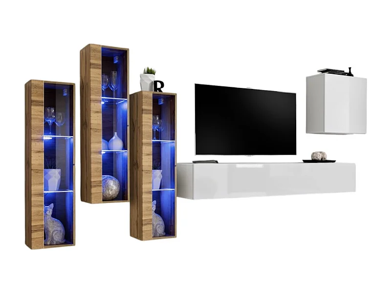Conjunto de muebles para salón mural SWITCH XIII diseño, color blanco brillante y roble Wotan.