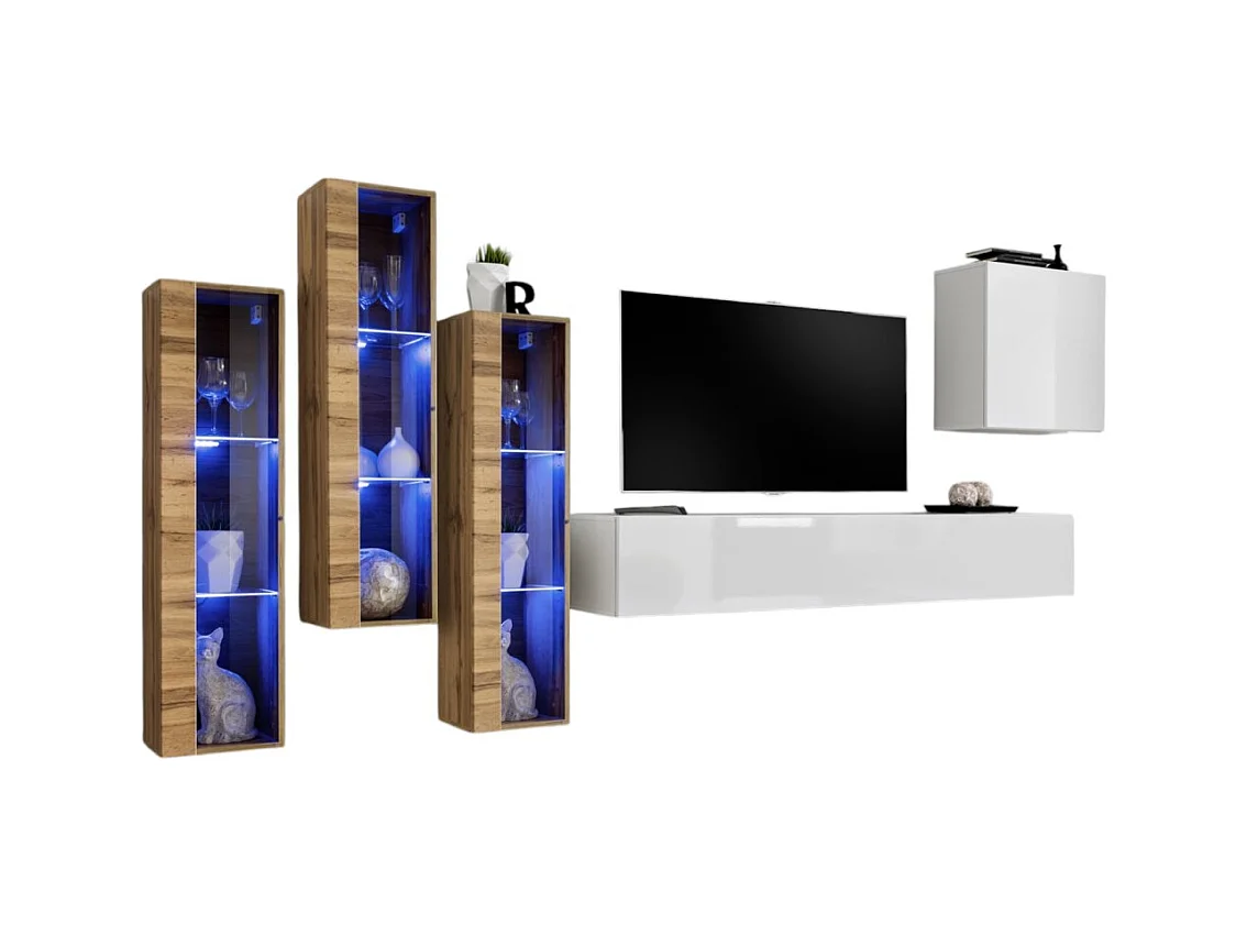 Ensemble meuble salon mural SWITCH XIII design, coloris blanc brillant et chêne Wotan.