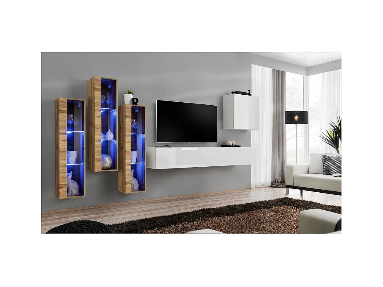 Ensemble meuble salon mural SWITCH XIII design, coloris blanc brillant et chêne Wotan.