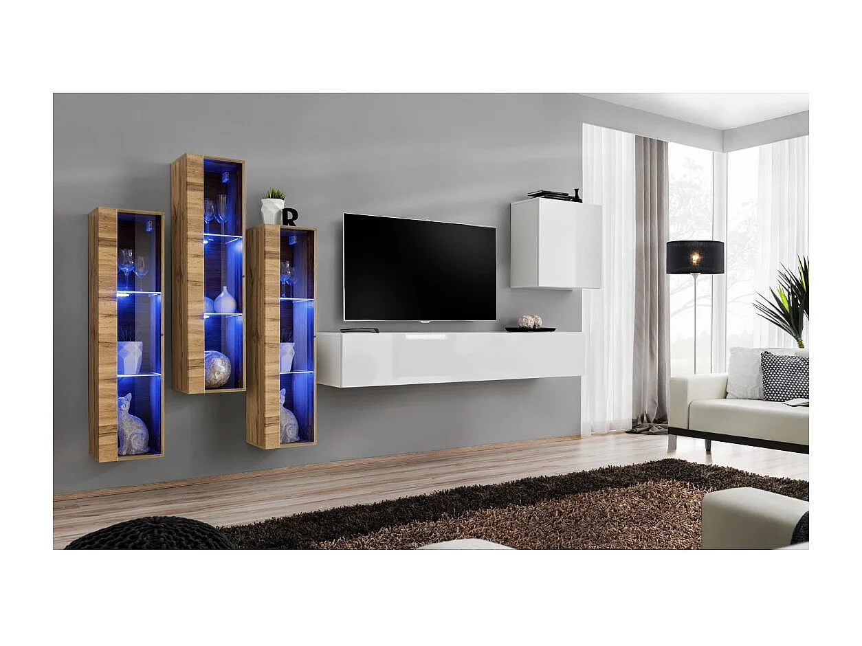 Ensemble meuble salon mural SWITCH XIII design, coloris blanc brillant et chêne Wotan.