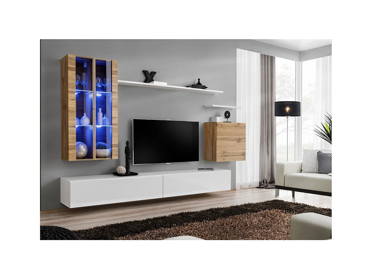 Conjunto de muebles de salón mural SWITCH XII diseño, color blanco brillante y roble Wotan.
