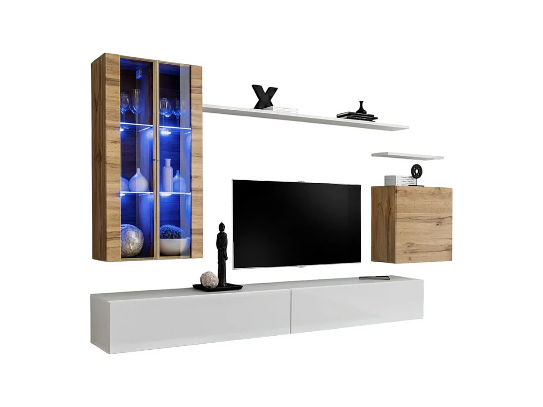 Ensemble meuble salon mural SWITCH XII design, coloris blanc brillant et chêne Wotan.