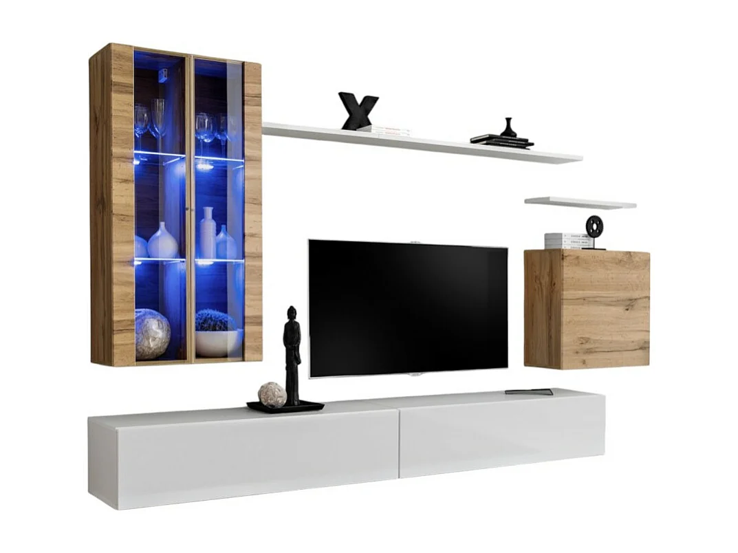 Ensemble meuble salon mural SWITCH XII design, coloris blanc brillant et chêne Wotan.