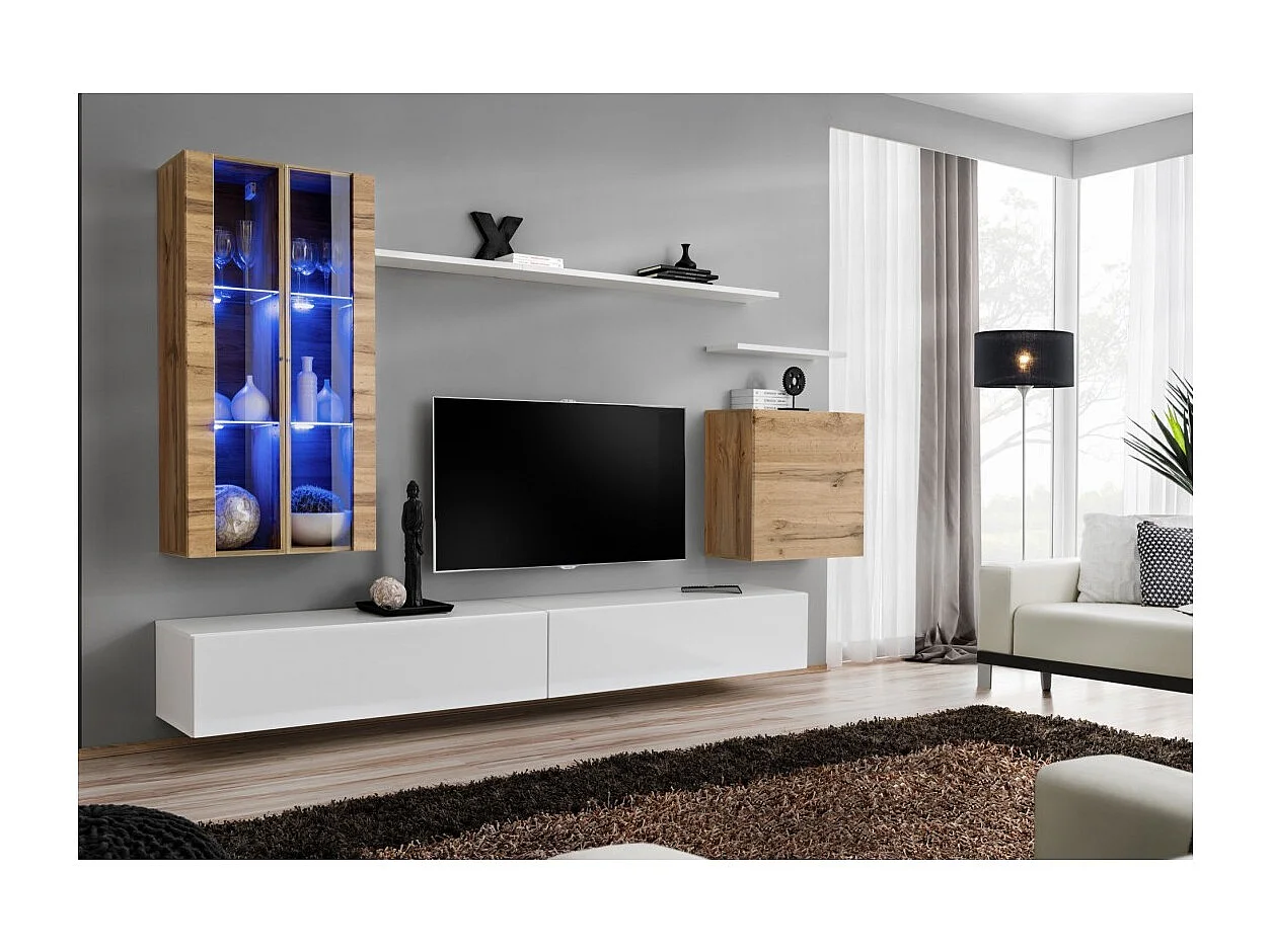 Ensemble meuble salon mural SWITCH XII design, coloris blanc brillant et chêne Wotan.