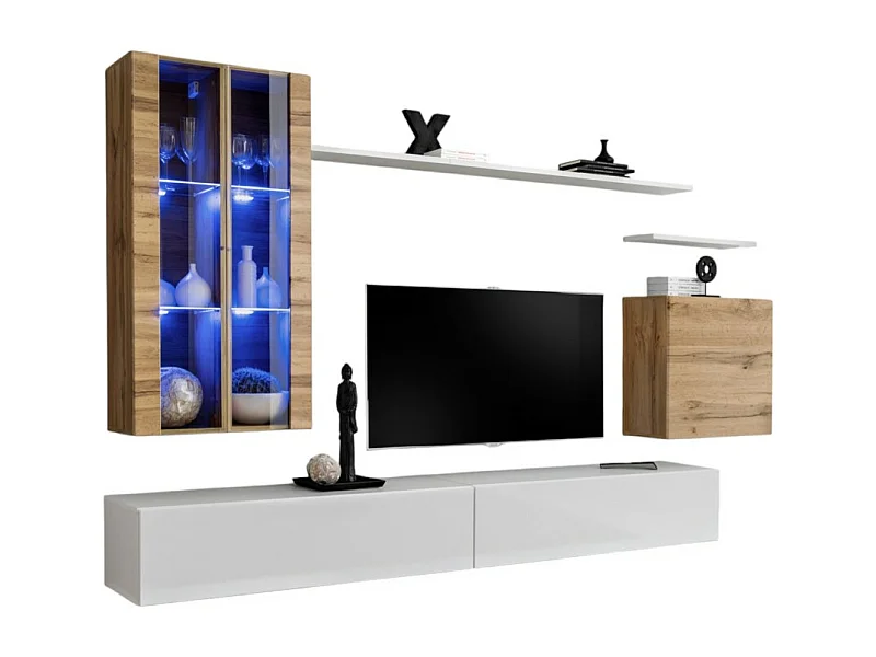 Wandmeubelset voor de woonkamer SWITCH XII design, in glanzend wit en Wotan eiken kleur.