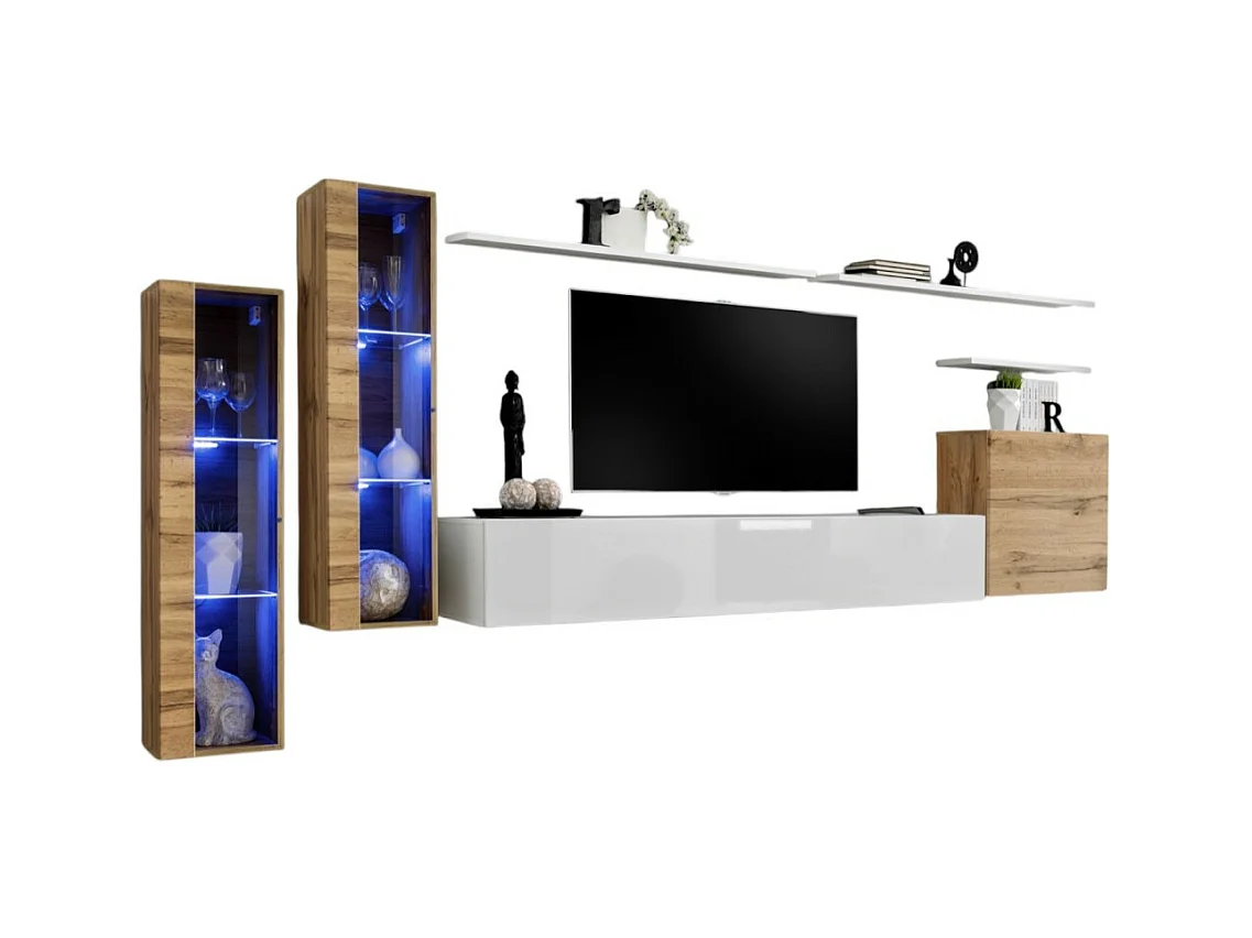 Ensemble meuble salon mural SWITCH XI design, coloris blanc brillant et chêne Wotan.