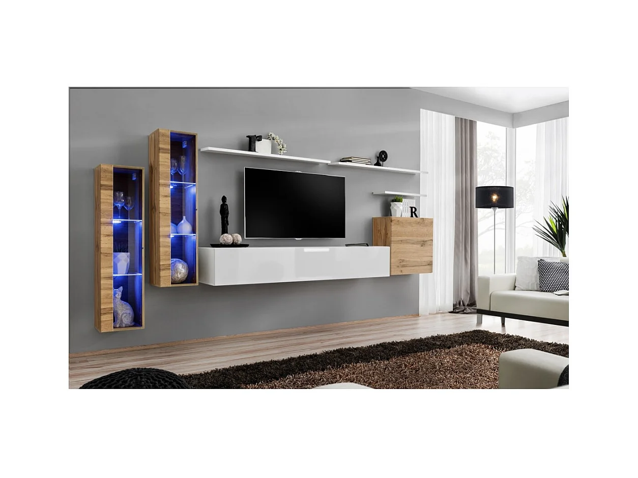 Conjunto de móveis para sala de estar, modelo SWITCH XI, design mural, na cor branco brilhante e carvalho Wotan.