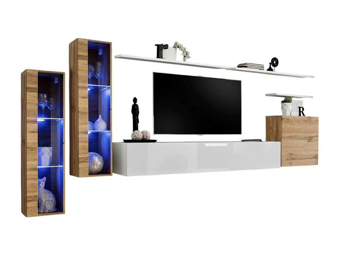 Wohnzimmerwand-Set SWITCH XI im Design, Hochglanz Weiß und Wotan Eiche Farbe.