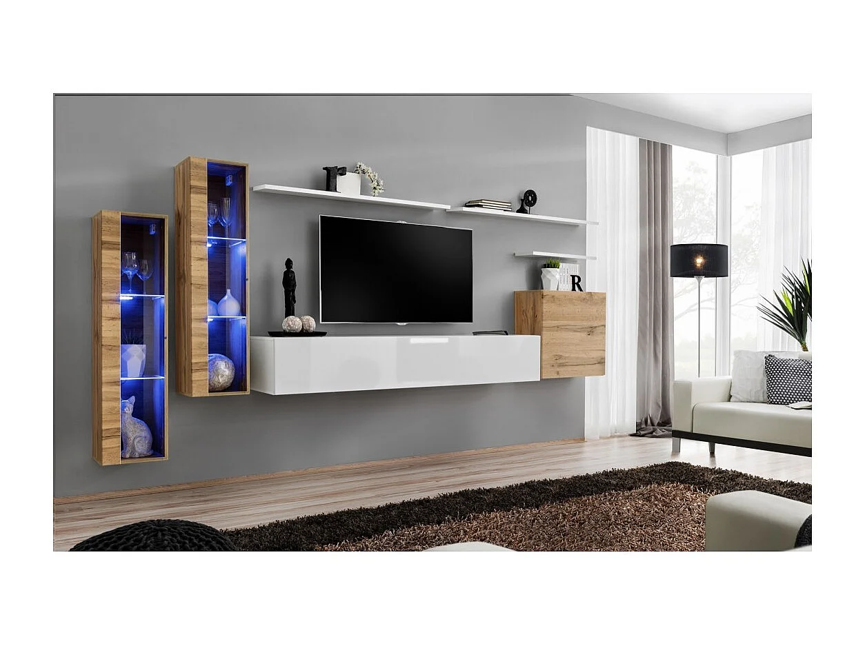 Wohnzimmerwand-Set SWITCH XI im Design, Hochglanz Weiß und Wotan Eiche Farbe.
