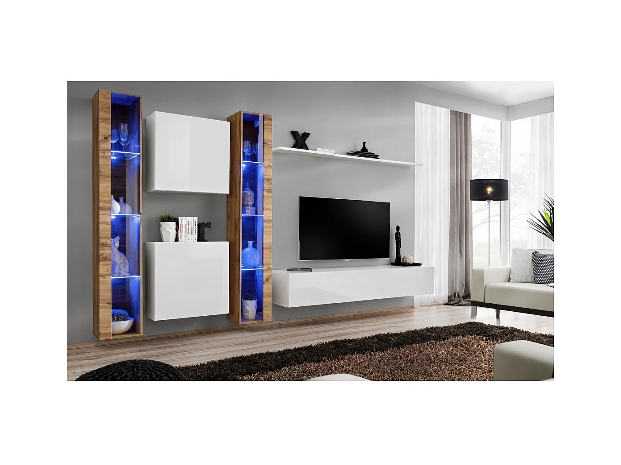 Set di mobili da salotto da parete SWITCH XVI design, colore bianco lucido e quercia Wotan.