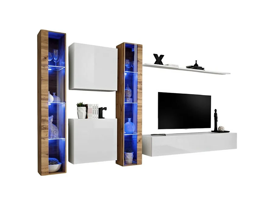 Ensemble meuble salon mural SWITCH XVI design, coloris blanc brillant et chêne Wotan.