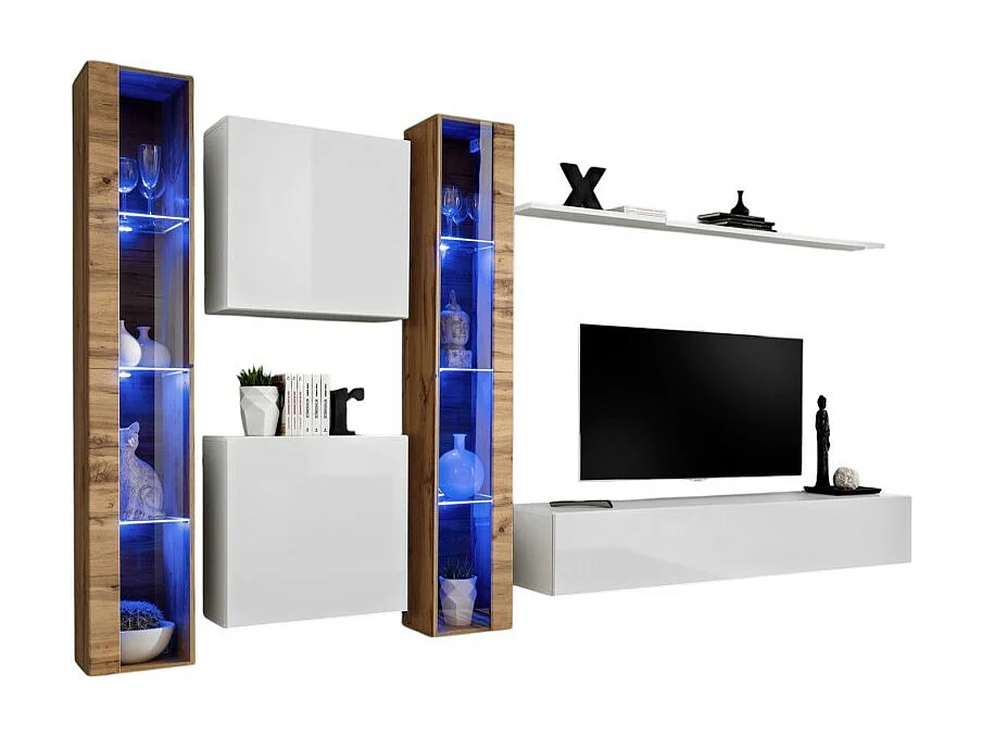 Wandmeubelset voor de woonkamer SWITCH XVI design, in hoogglans wit en Wotan eikenkleur.