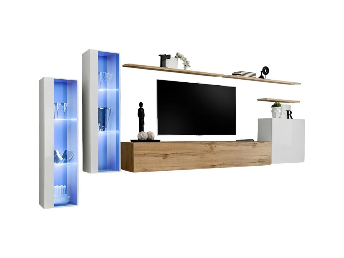 Ensemble meuble salon mural SWITCH XI design, coloris chêne Wotan et blanc brillant.