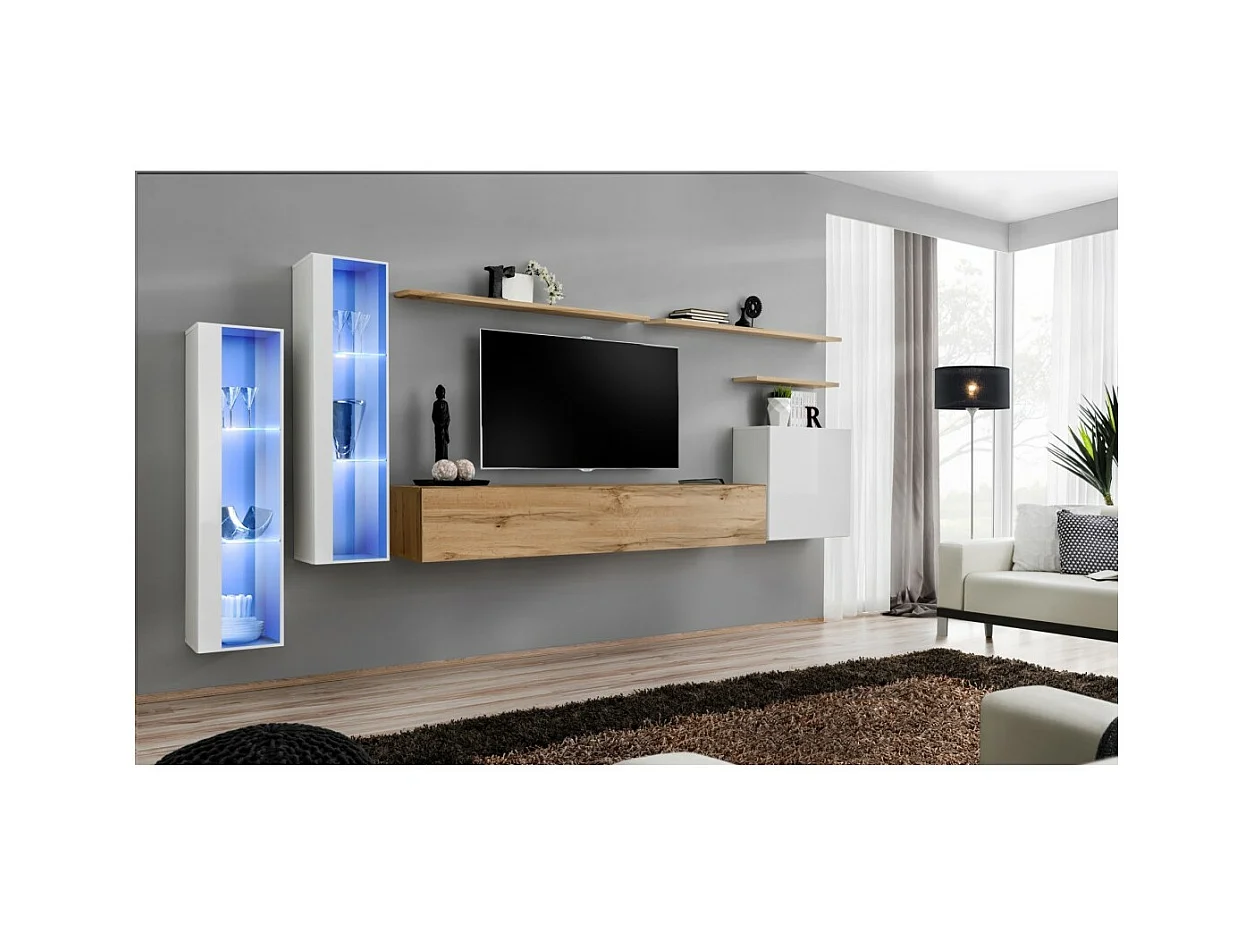 Ensemble meuble salon mural SWITCH XI design, coloris chêne Wotan et blanc brillant.