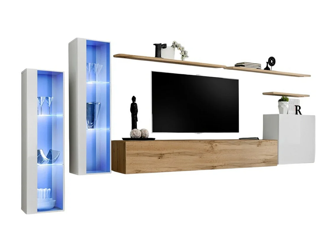 Wandmeubelset voor de woonkamer SWITCH XI design, in Wotan eiken en glanzend wit kleur.