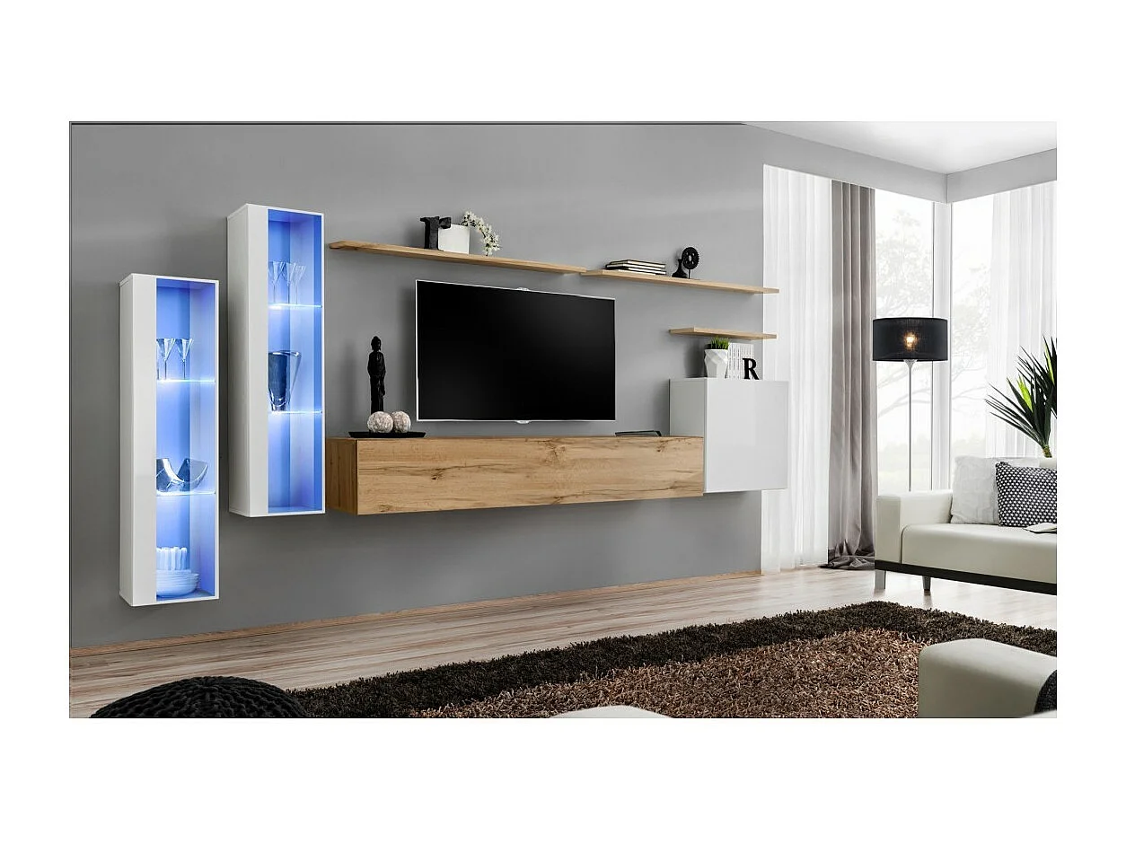 Wandmeubelset voor de woonkamer SWITCH XI design, in Wotan eiken en glanzend wit kleur.