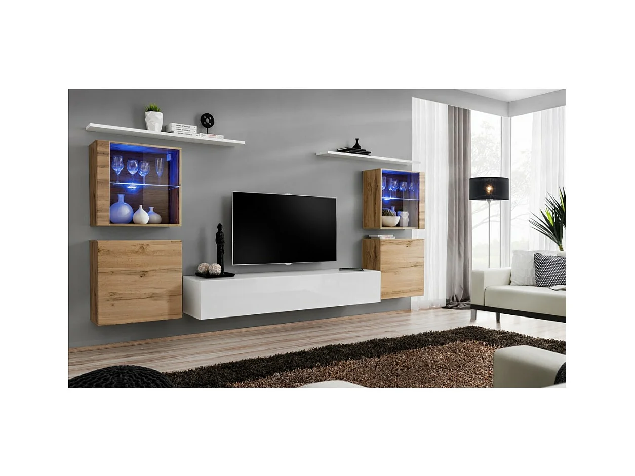 Wohnzimmerwand-Set SWITCH XIV Design, in Hochglanz Weiß und Wotan Eiche.