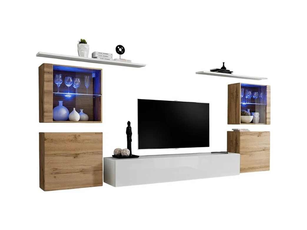 Ensemble meuble salon mural SWITCH XIV design, coloris blanc brillant et chêne Wotan.