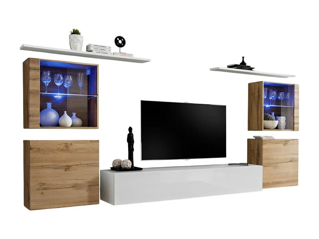 Wandmeubelset voor woonkamer SWITCH XIV design, in hoogglans wit en Wotan eiken kleur.