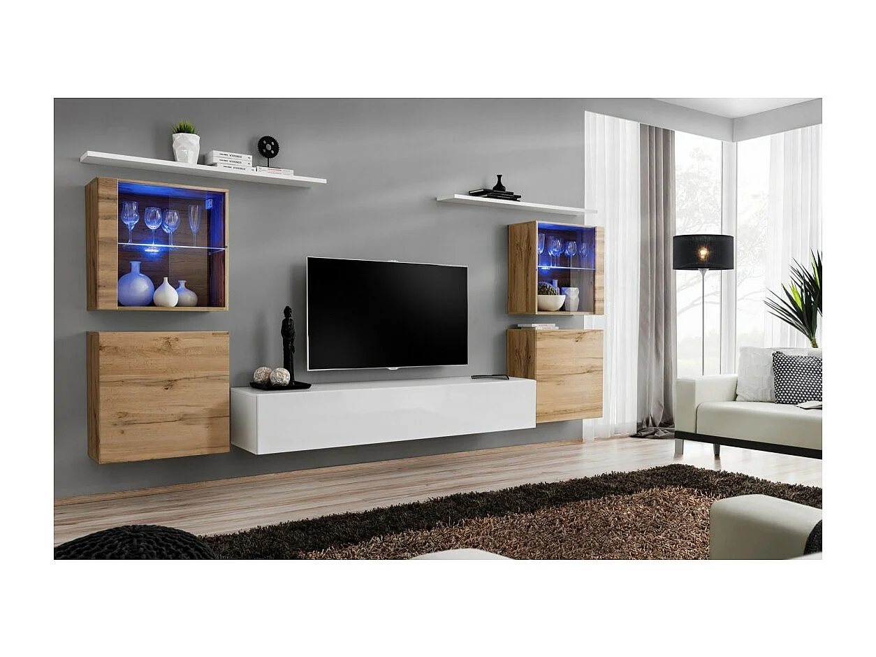 Wandmeubelset voor woonkamer SWITCH XIV design, in hoogglans wit en Wotan eiken kleur.