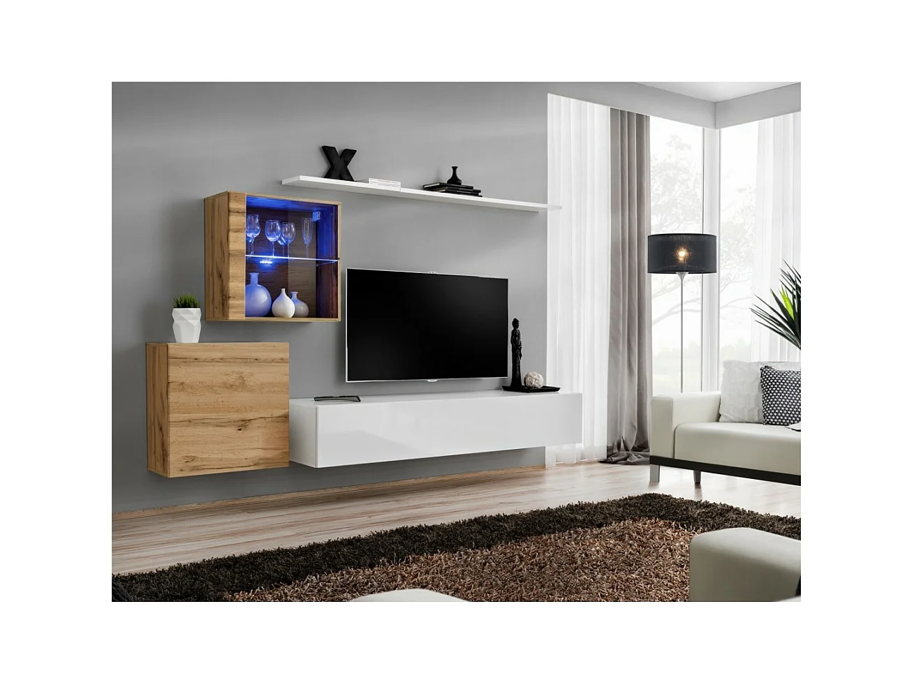 Wohnzimmer-Wandmöbelset SWITCH XV im Design, Hochglanz weiß und Wotan-Eiche.