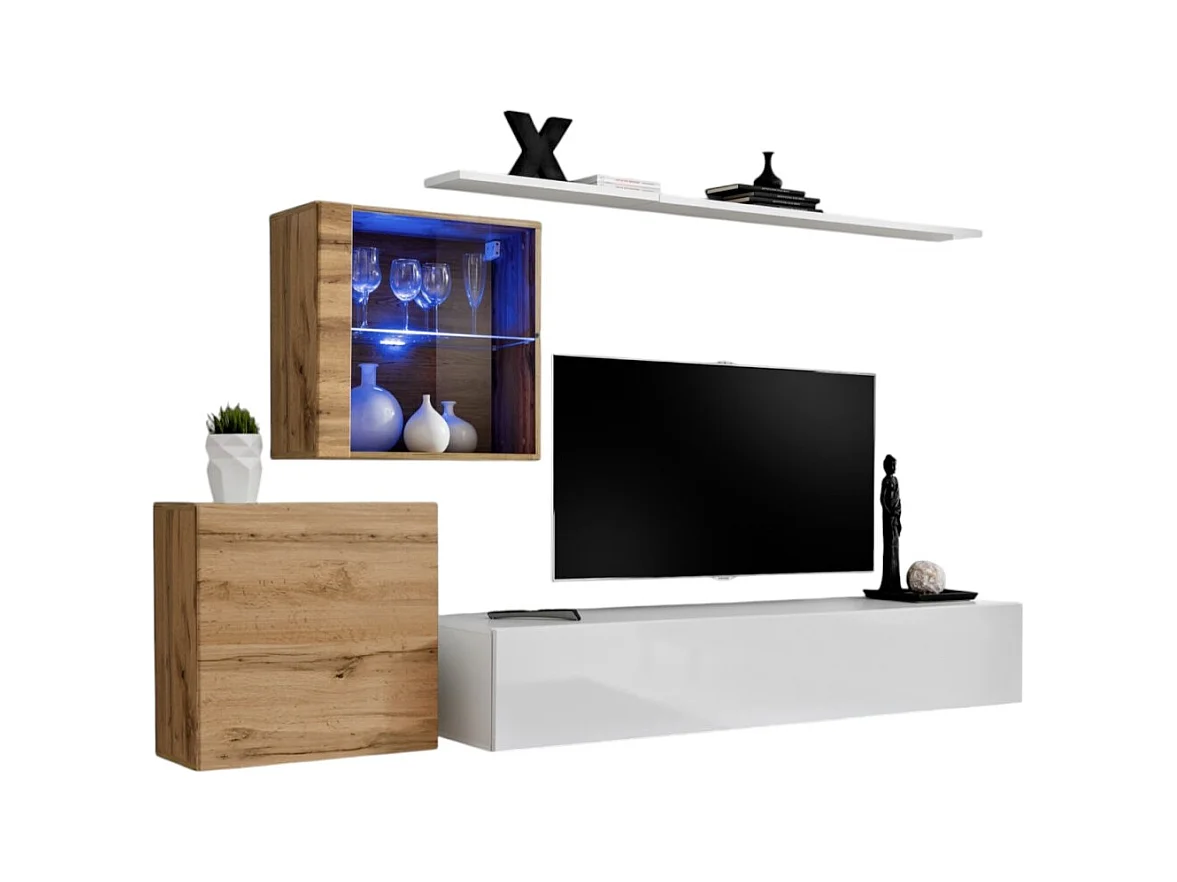 Ensemble meuble salon mural SWITCH XV design, coloris blanc brillant et chêne Wotan.