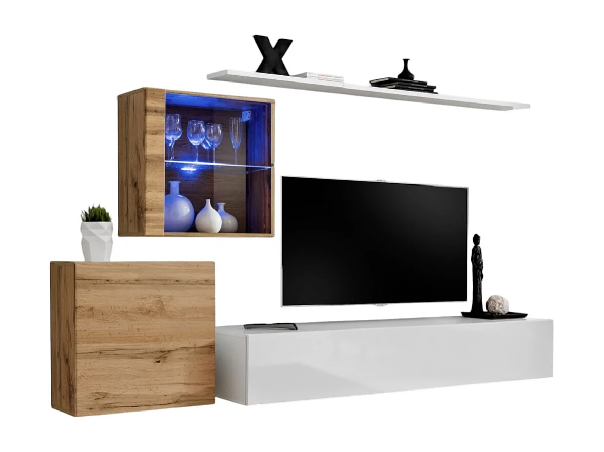 Wandmeubelset voor de woonkamer SWITCH XV design, in hoogglans wit en Wotan eiken kleur.