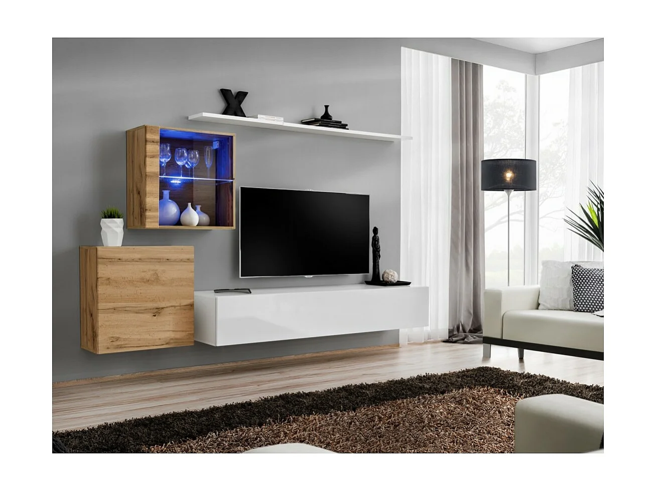 Wandmeubelset voor de woonkamer SWITCH XV design, in hoogglans wit en Wotan eiken kleur.