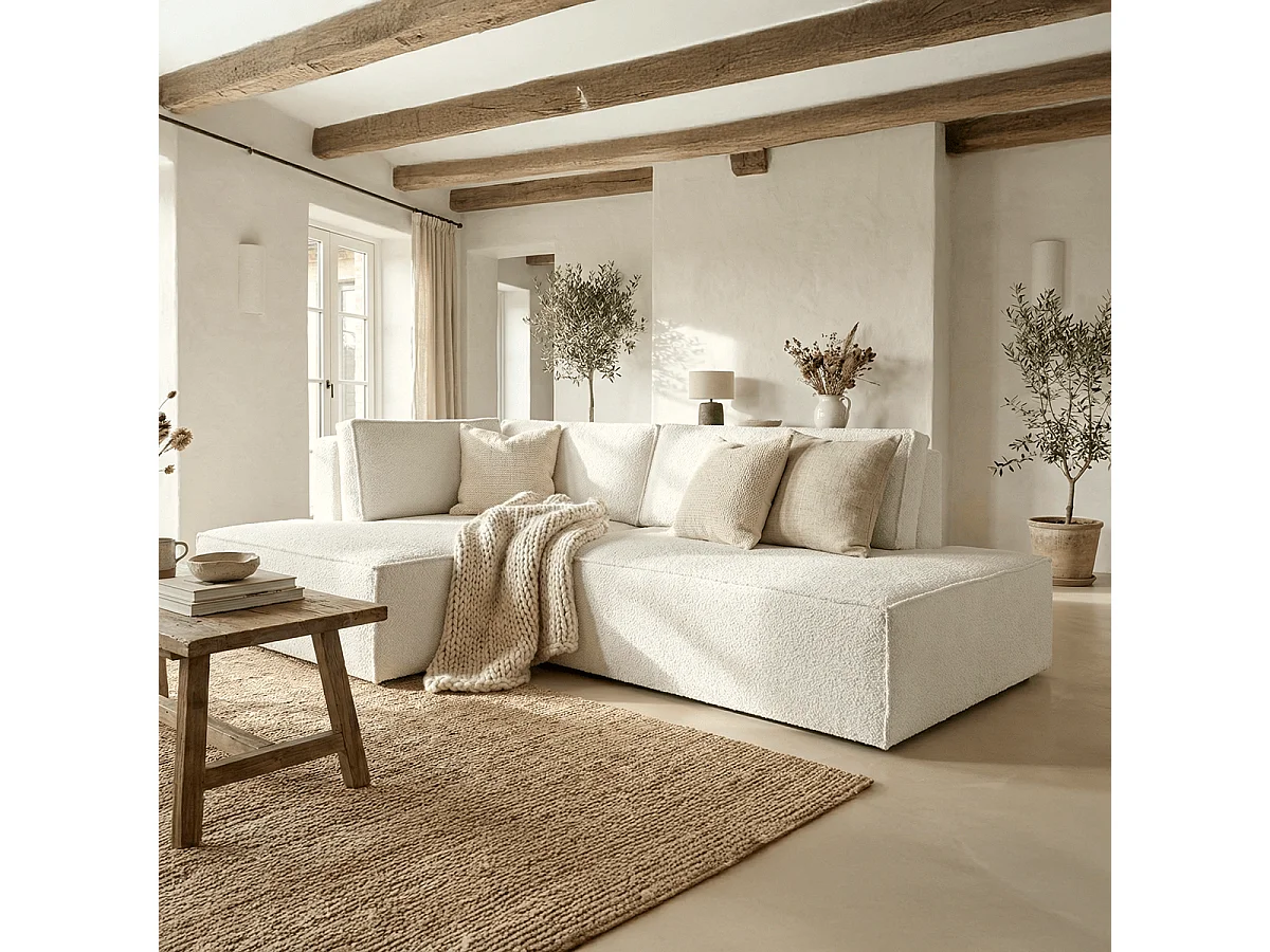 Canapé d'angle à gauche convertible 3 places avec coffre en tissu bouclé écru - Barani