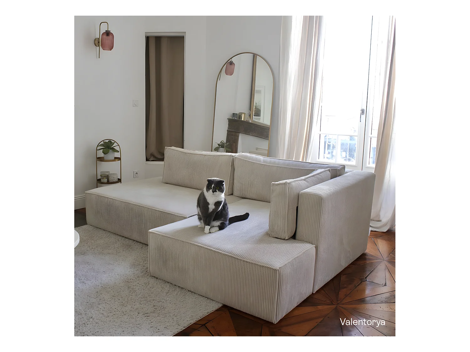 Canapé d'angle à droite convertible 3 places avec coffre en velours côtelé beige - Barani