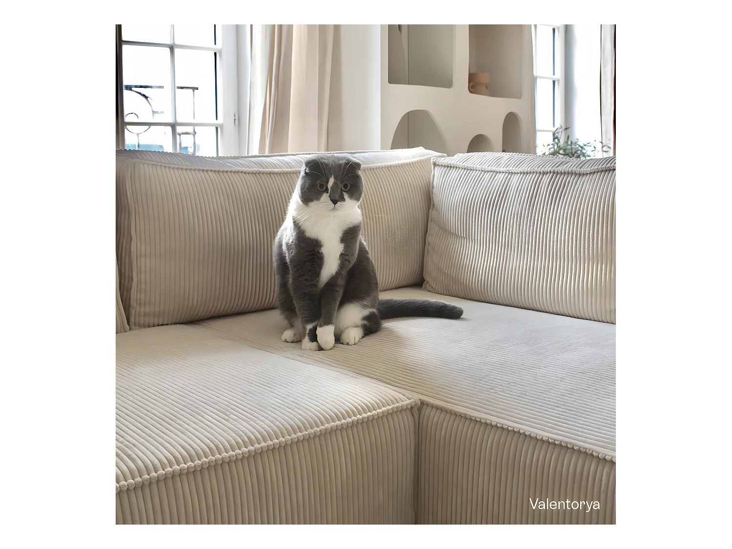 Canapé d'angle à droite convertible 3 places avec coffre en velours côtelé beige - Barani