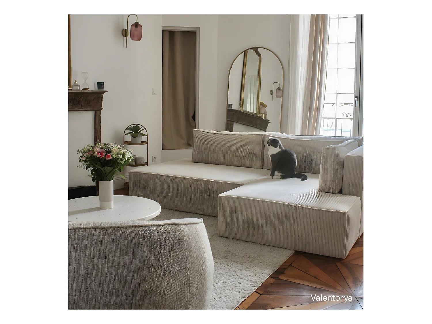 Canapé d'angle à droite convertible 3 places avec coffre en velours côtelé beige - Barani