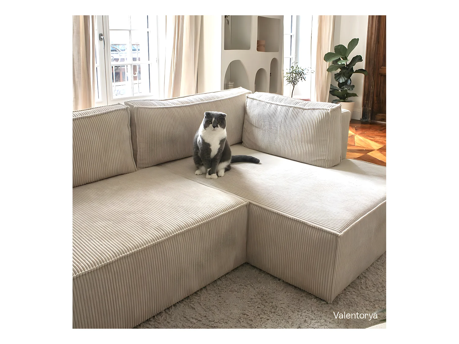 Canapé d'angle à droite convertible 3 places avec coffre en velours côtelé beige - Barani