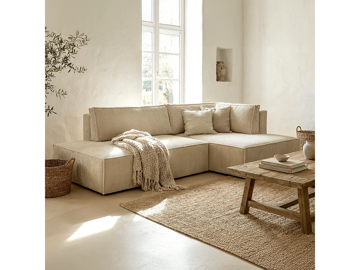 Canapé d'angle à droite convertible 3 places avec coffre en velours côtelé beige - Barani