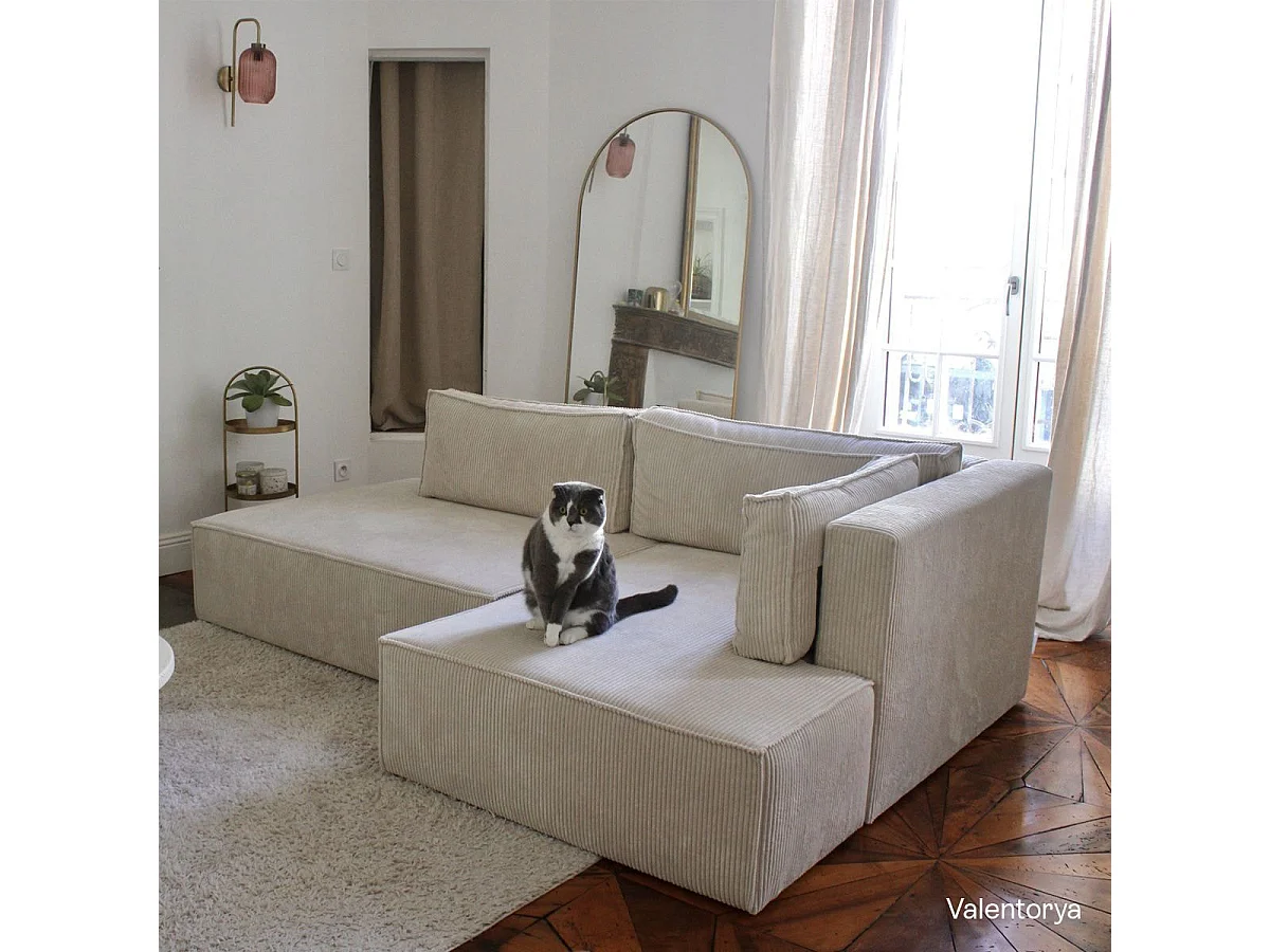 Canapé d'angle à droite convertible 3 places avec coffre en velours côtelé beige - Barani