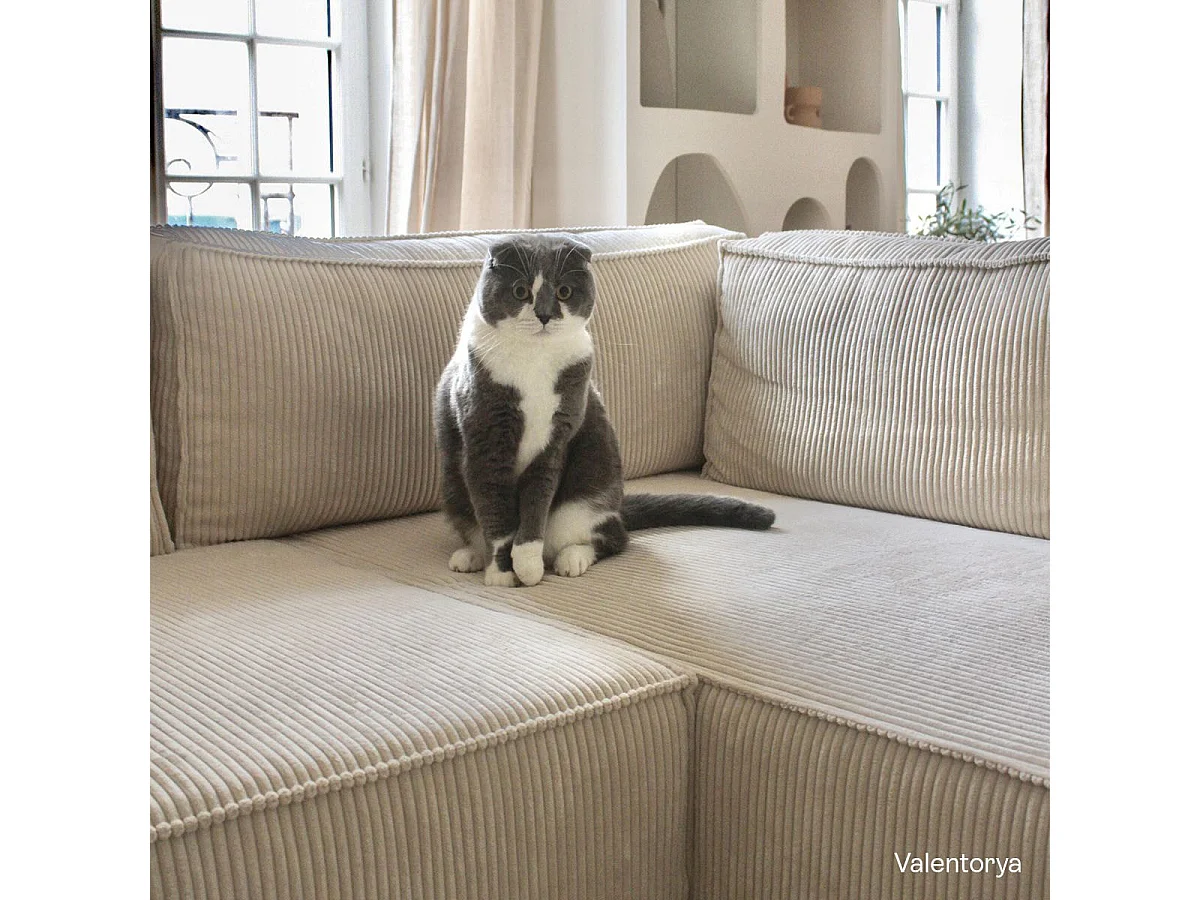 Canapé d'angle à droite convertible 3 places avec coffre en velours côtelé beige - Barani