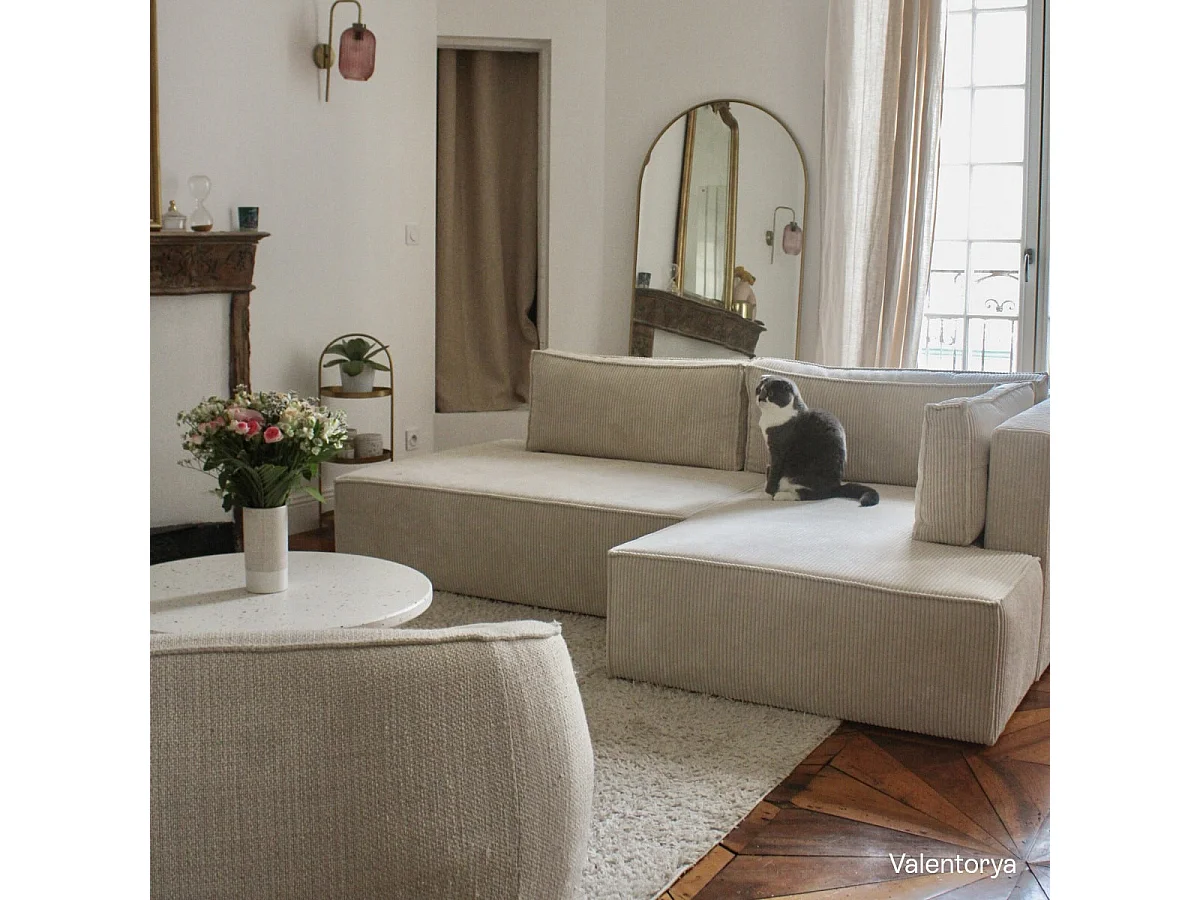 Canapé d'angle à droite convertible 3 places avec coffre en velours côtelé beige - Barani