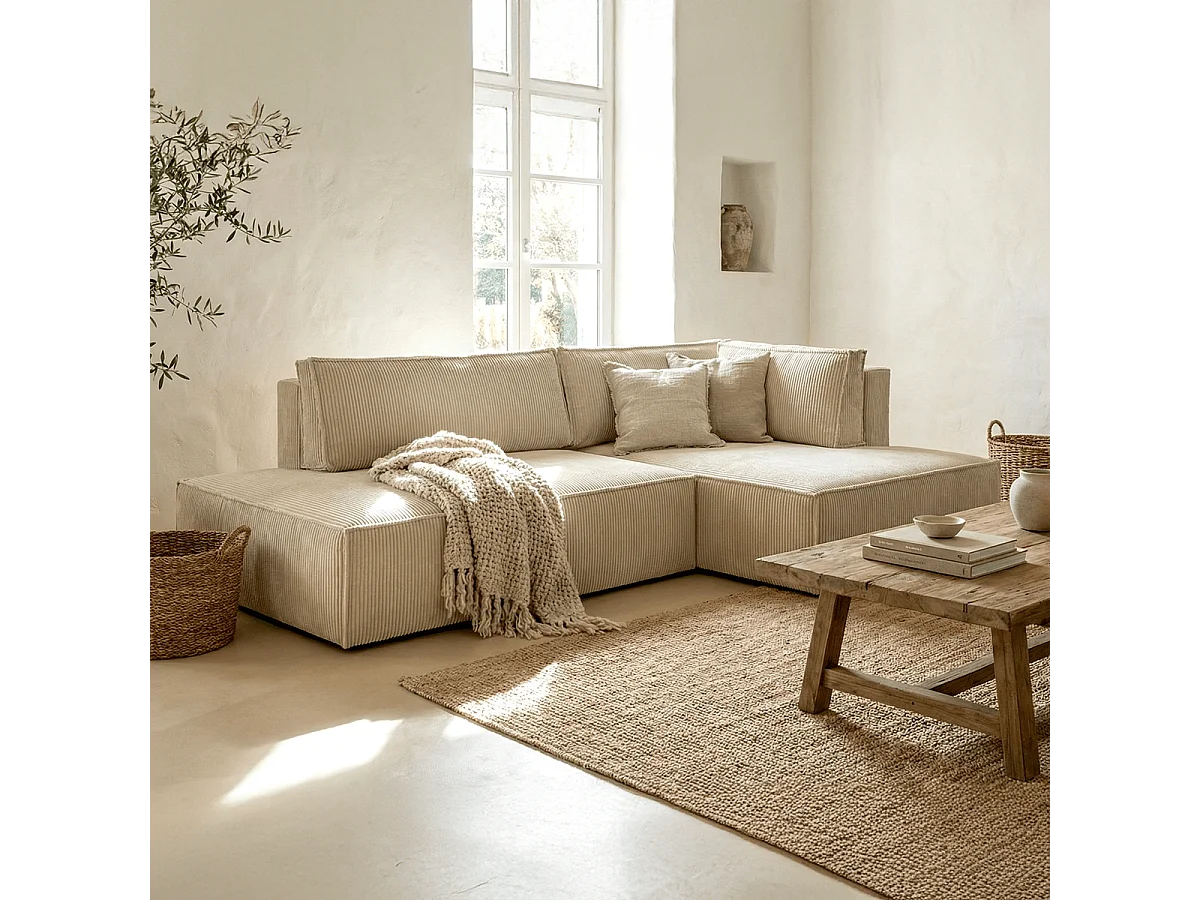 Canapé d'angle à droite convertible 3 places avec coffre en velours côtelé beige - Barani