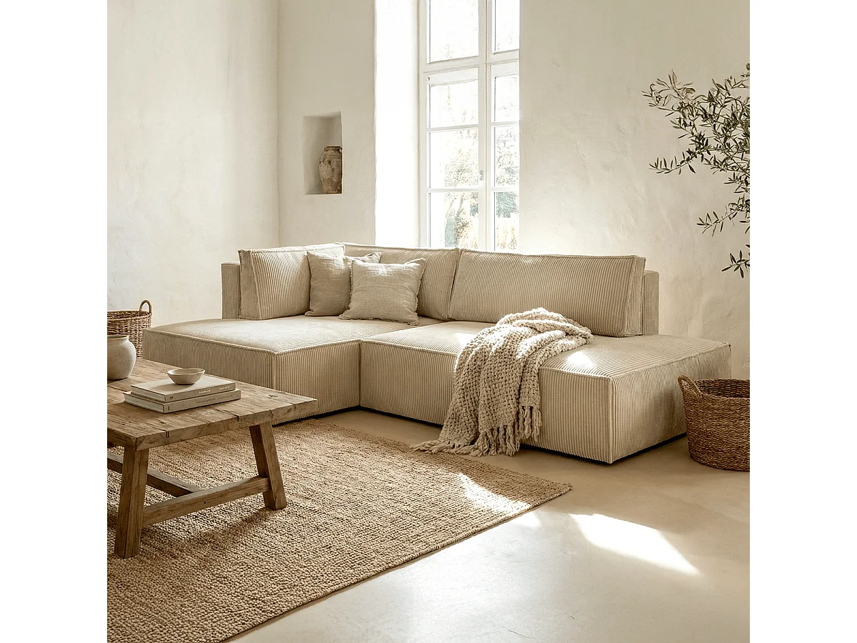 Canapé d'angle à gauche convertible 3 places avec coffre en velours côtelé beige - Barani