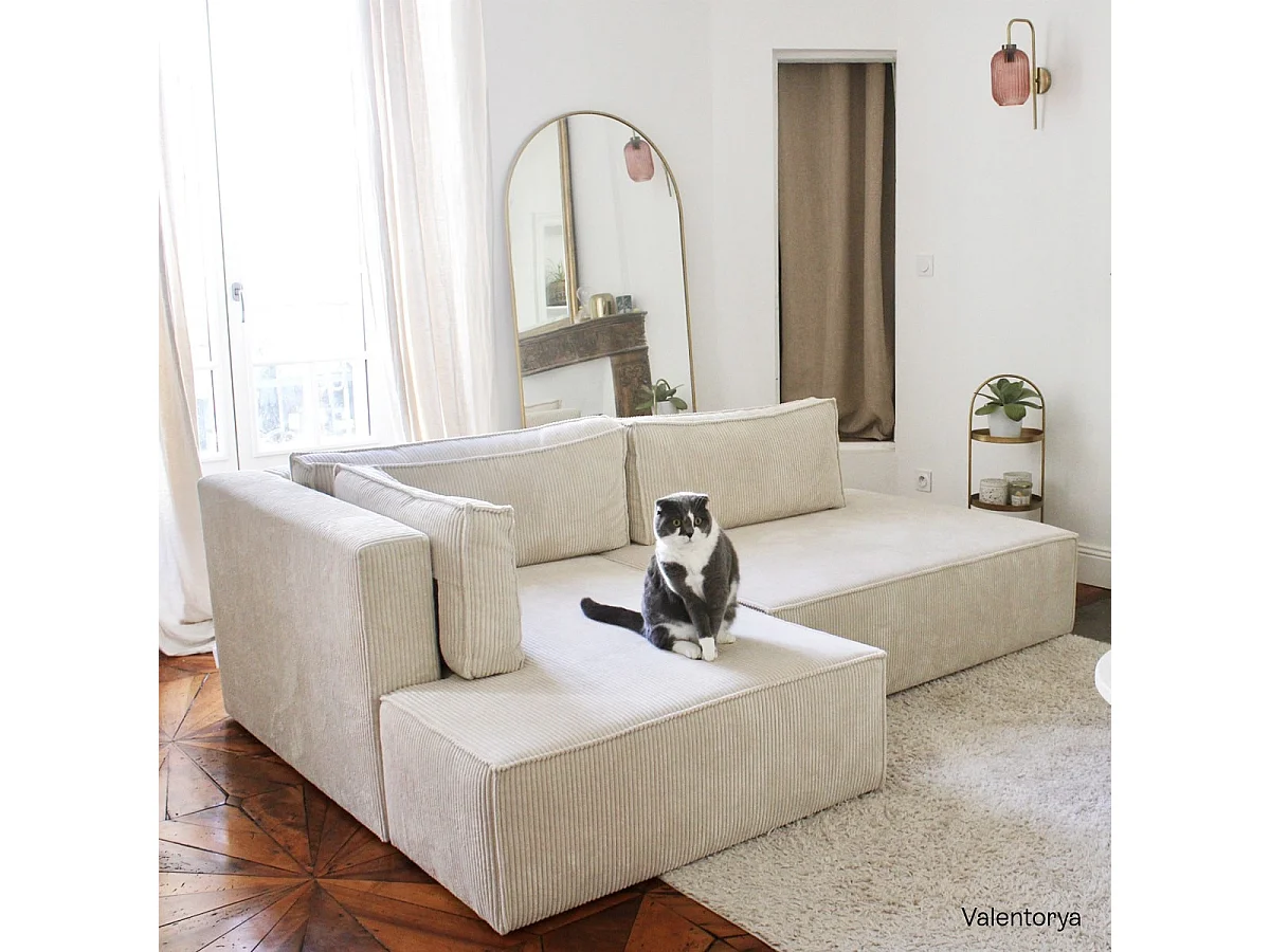 Canapé d'angle à gauche convertible 3 places avec coffre en velours côtelé beige - Barani