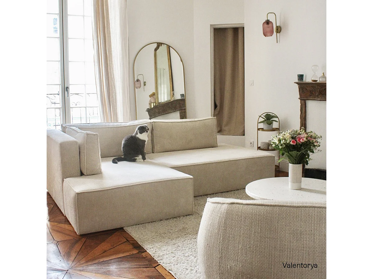 Canapé d'angle à gauche convertible 3 places avec coffre en velours côtelé beige - Barani