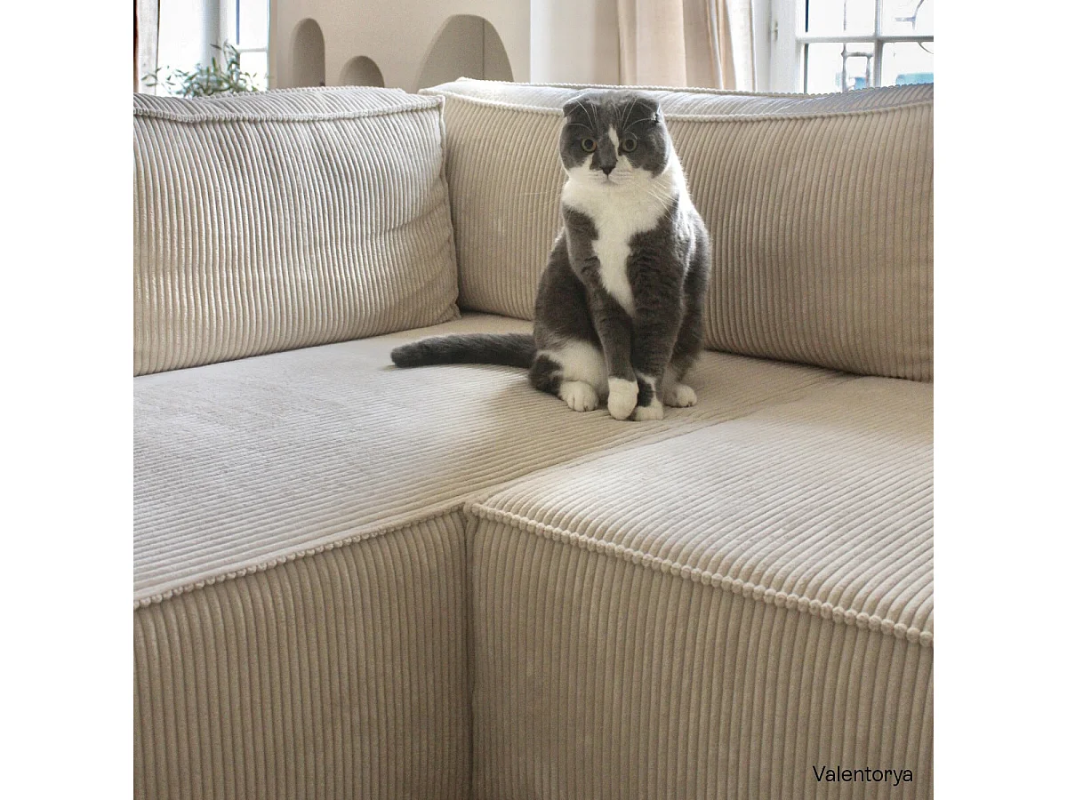 Canapé d'angle à gauche convertible 3 places avec coffre en velours côtelé beige - Barani