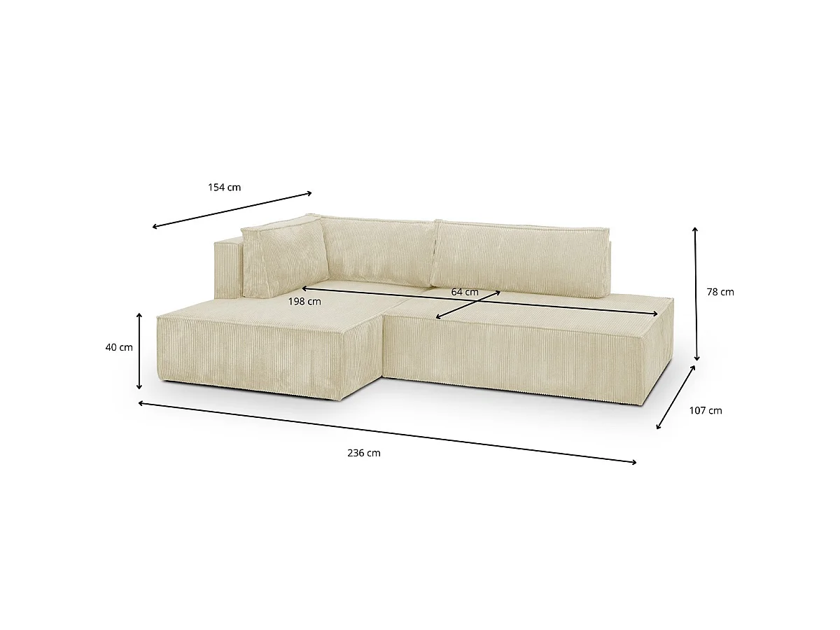 Canapé d'angle convertible 3 places avec coffre en velours beige