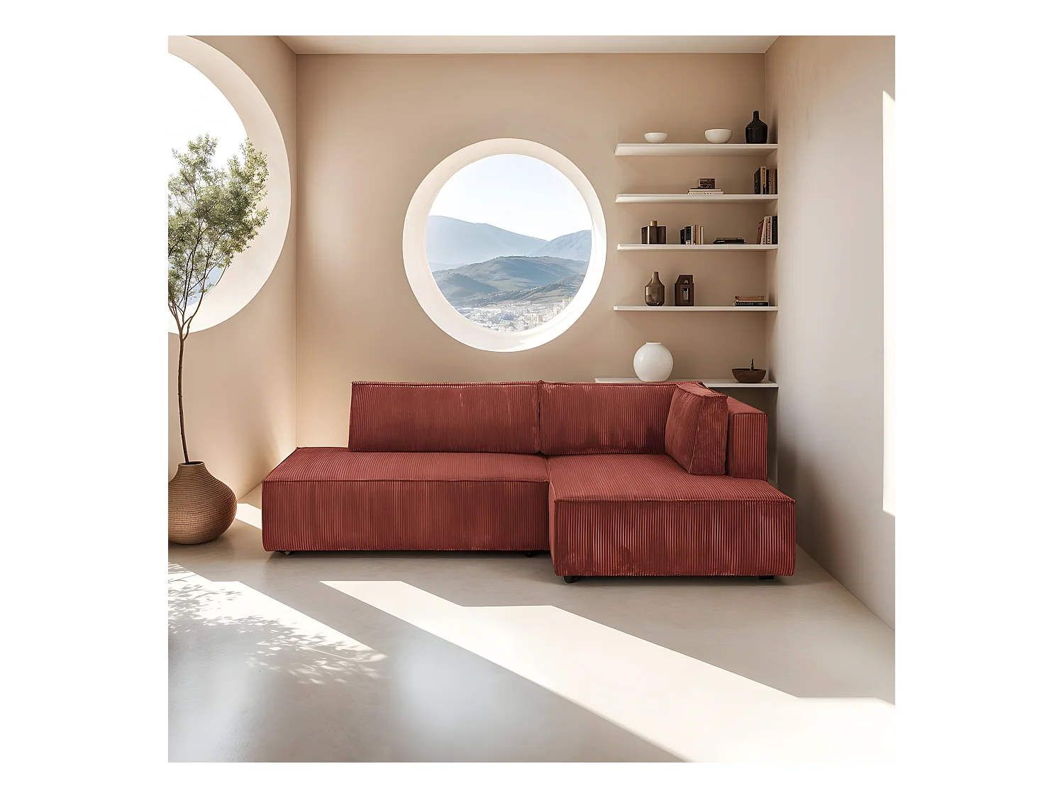 Canapé d'angle à droite convertible 3 places avec coffre en velours côtelé rouille - Barani