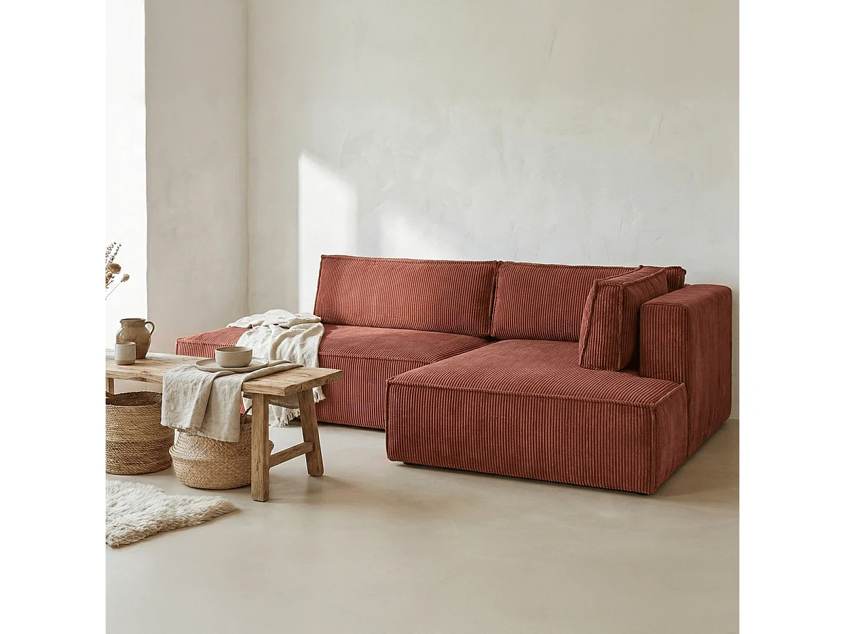 Canapé d'angle à droite convertible 3 places avec coffre en velours côtelé rouille - Barani